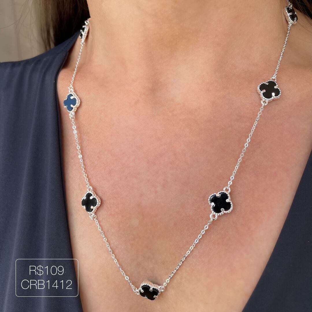 Colar V@n Cleef c/ 7 Pingente P Preto Prateado